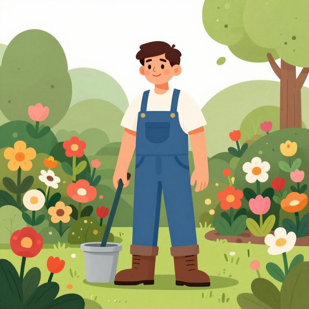 笑顔の庭師が色とりどりの花が咲き乱れる大きな庭の隣に立っており、努力のポジティブな結果を象徴しています。