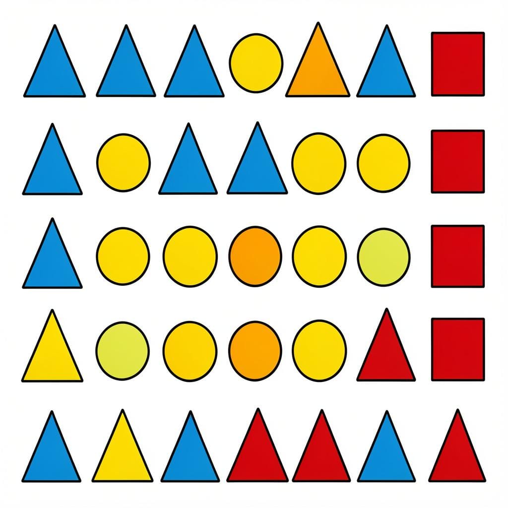 A colorful sequence of repeating geometric shapes in a row.
