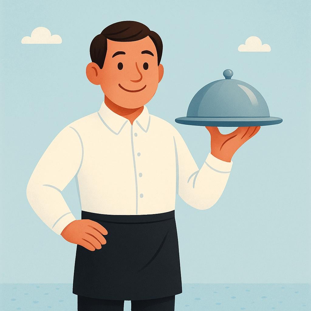 A smiling waiter wearing a uniform and apron, balancing a tray carrying a covered dish in a restaurant setting.