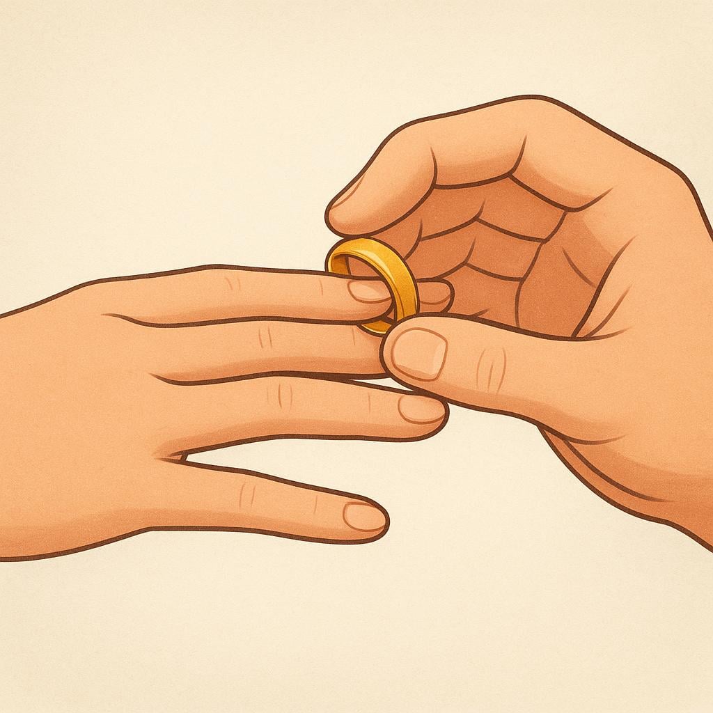 Close-up view of two hands during a wedding ceremony, one hand sliding a shiny gold ring onto the ring finger of the other hand.