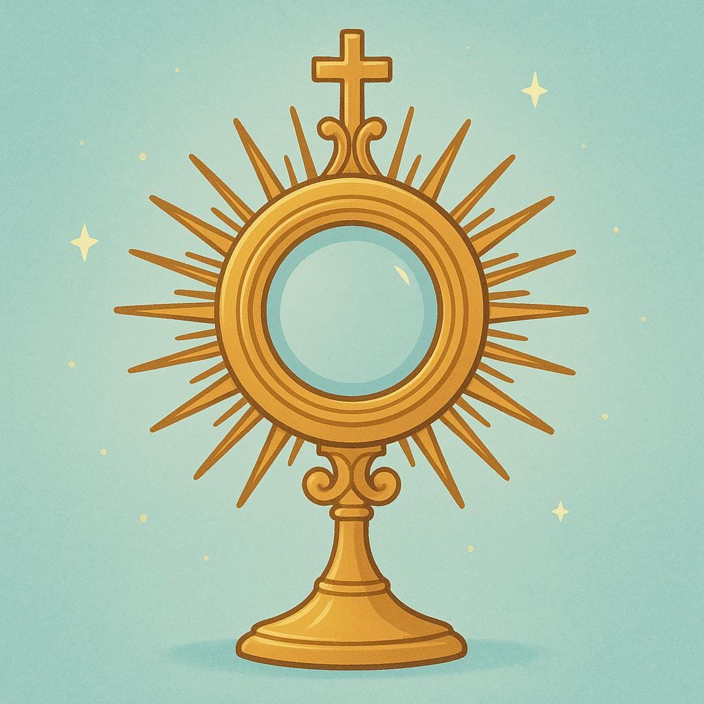 A golden, ornate Catholic religious vessel (monstrance) with sunburst rays emanating from the center.