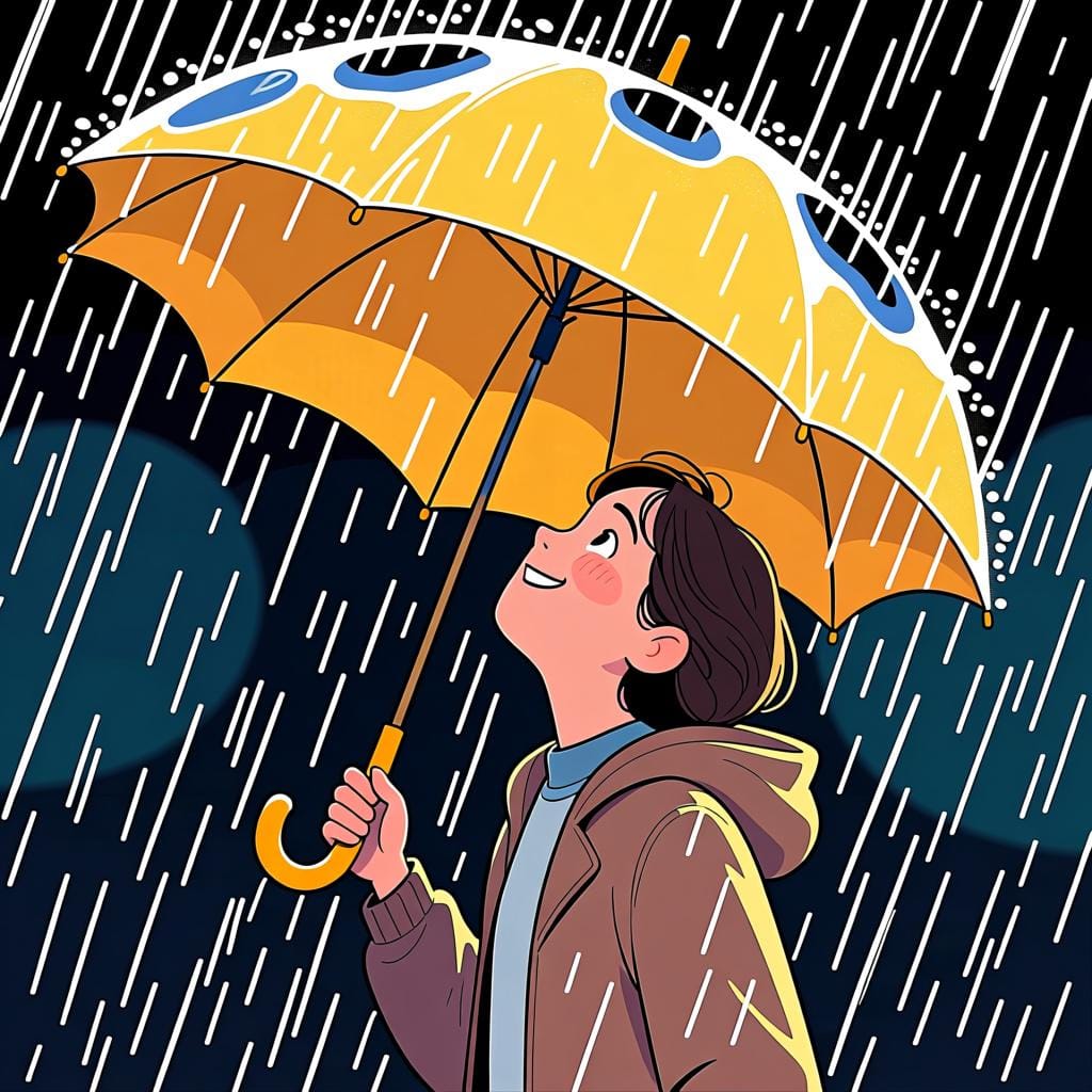 A person holding a bright yellow umbrella in a downpour but still smiling, representing doing something 'anyway' despite the circumstances.