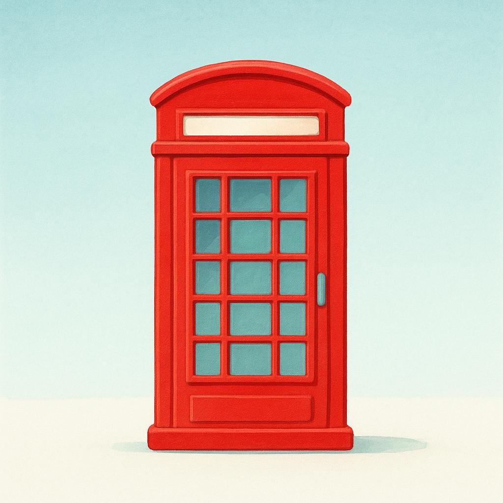 A classic red telephone booth on a simple street, representing British culture.