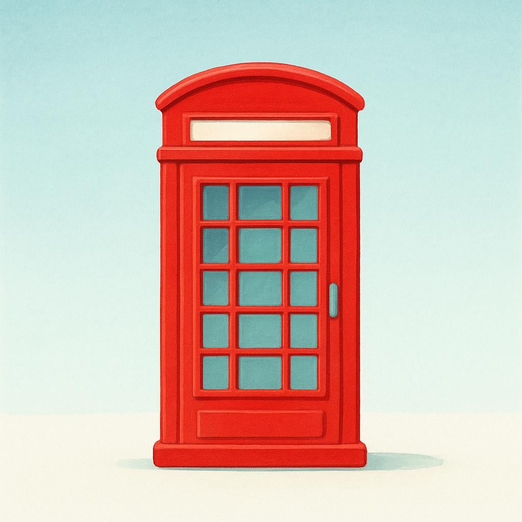 A classic red telephone booth on a simple street, representing British culture.