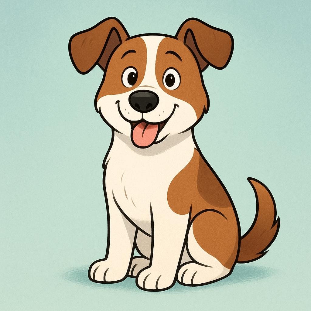 A cute, brown and white dog sitting and looking directly ahead with a cheerful expression.