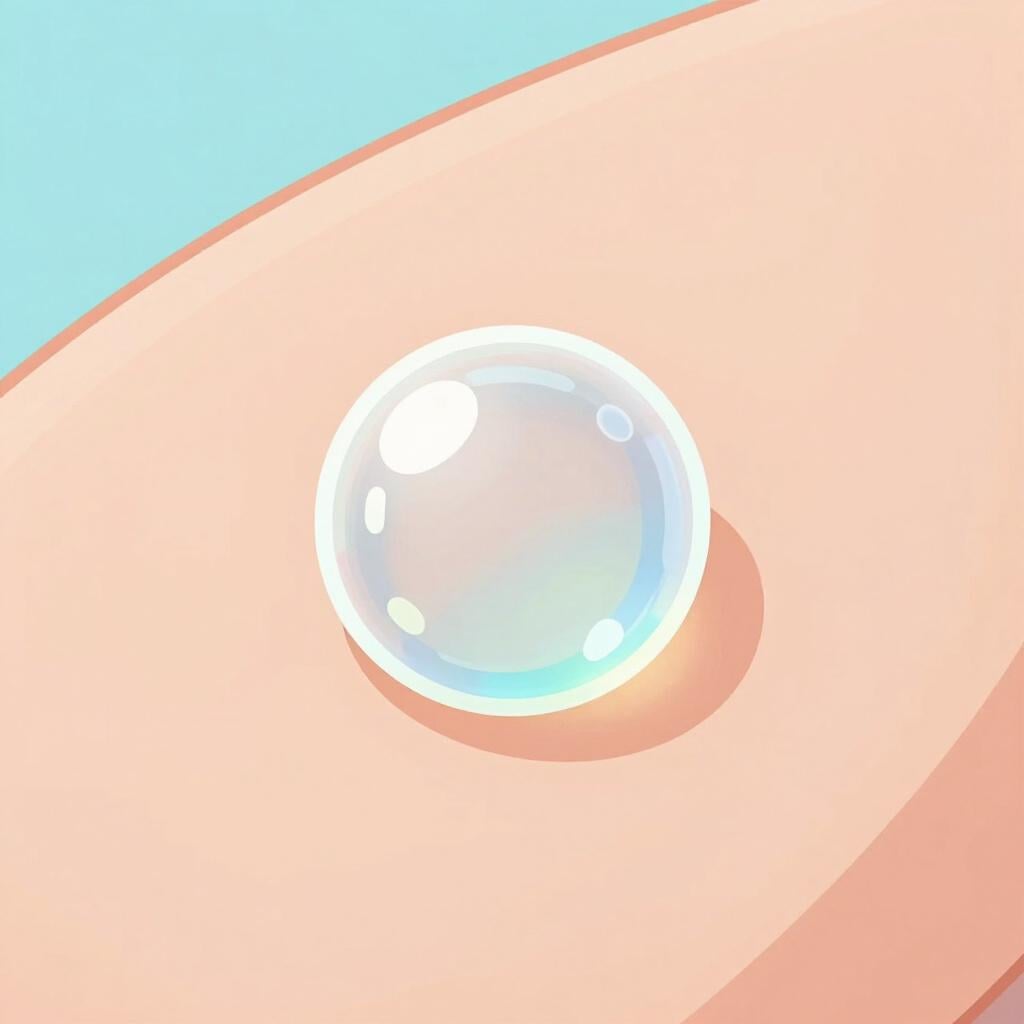 Um close-up de uma pequena bolha clara cheia de líquido na superfície de um dedo.