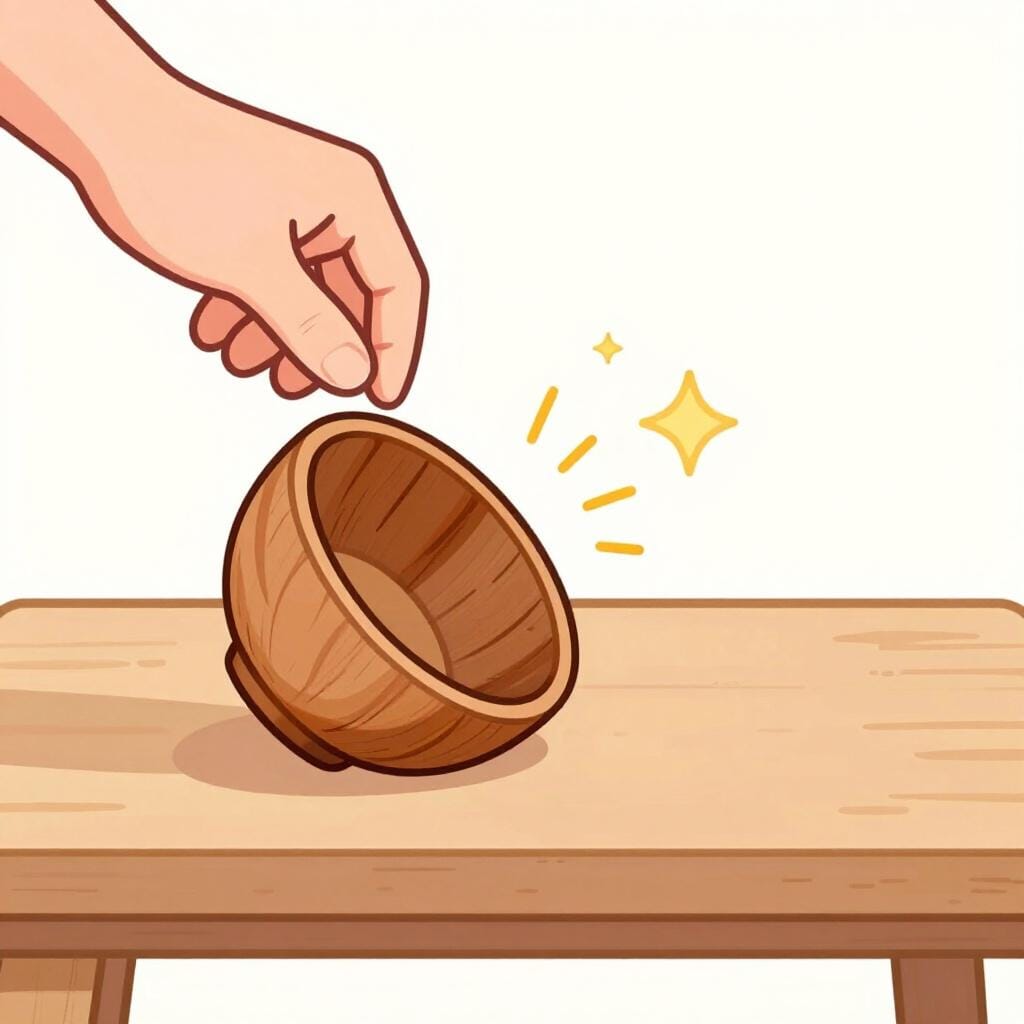 A colorful storybook illustration showing a cartoon hand accidentally knocking over a wooden bowl.
