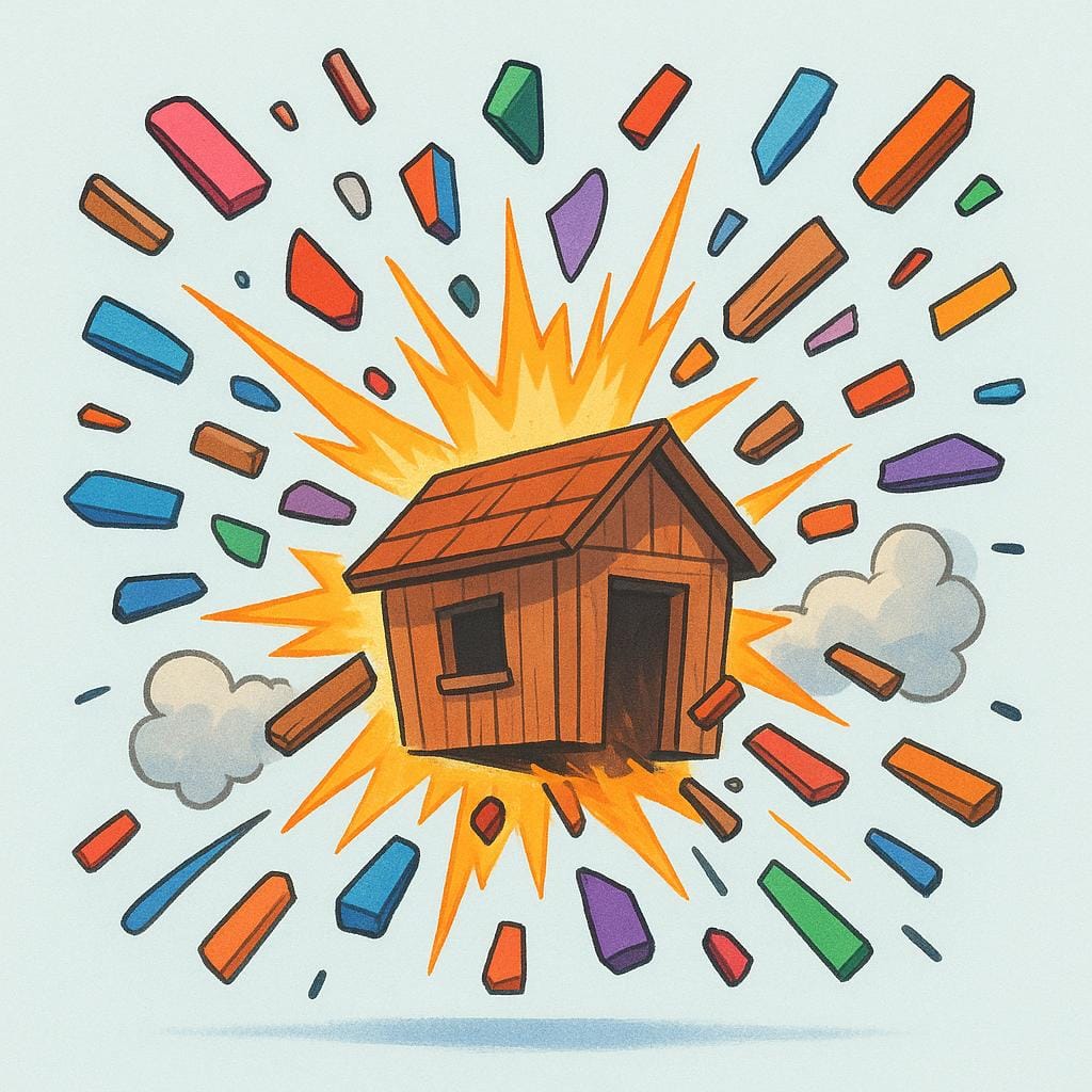 A small wooden building violently exploding into colorful debris with large orange and yellow blast effects.