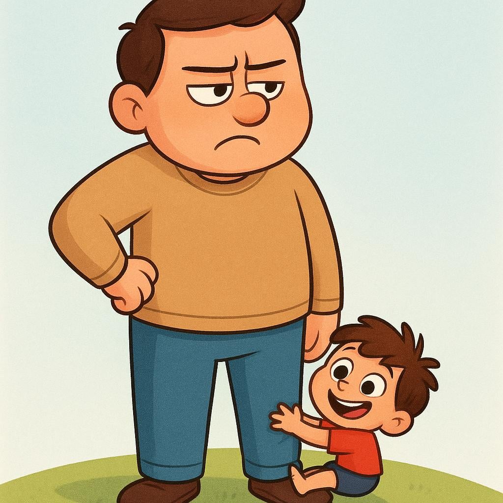 A large cartoon character with a visibly annoyed and frustrated expression looking down at a tiny, mischievous character clinging tightly to their ankle.