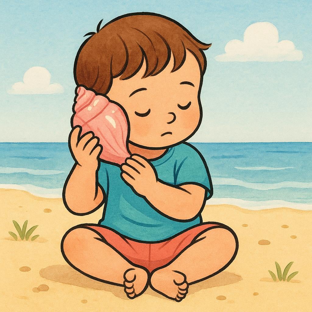 A colorful illustration showing a small child sitting down, concentrating while holding a large pink seashell against their ear, suggesting the act of listening.