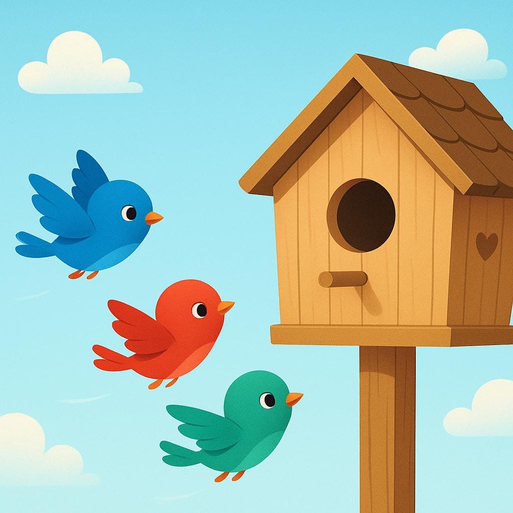 Three small, brightly colored birds are flying directly toward a large, cozy birdhouse mounted on a pole, illustrating the concept of returning.