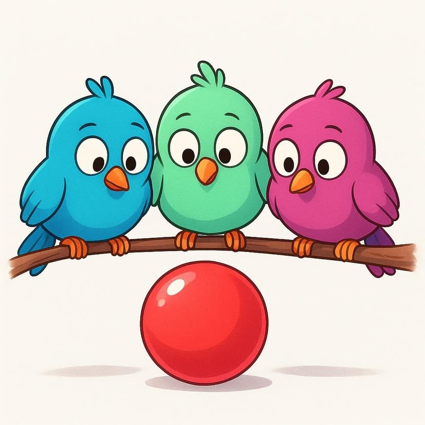 A storybook illustration showing three brightly colored cartoon birds sitting on a branch, all staring intently down at a large, shiny red ball on the ground, signifying that the ball interests them.