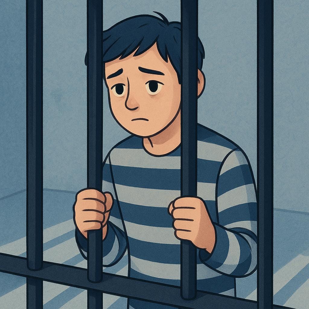 A simplified drawing of a person wearing a striped uniform standing behind thick vertical prison bars.