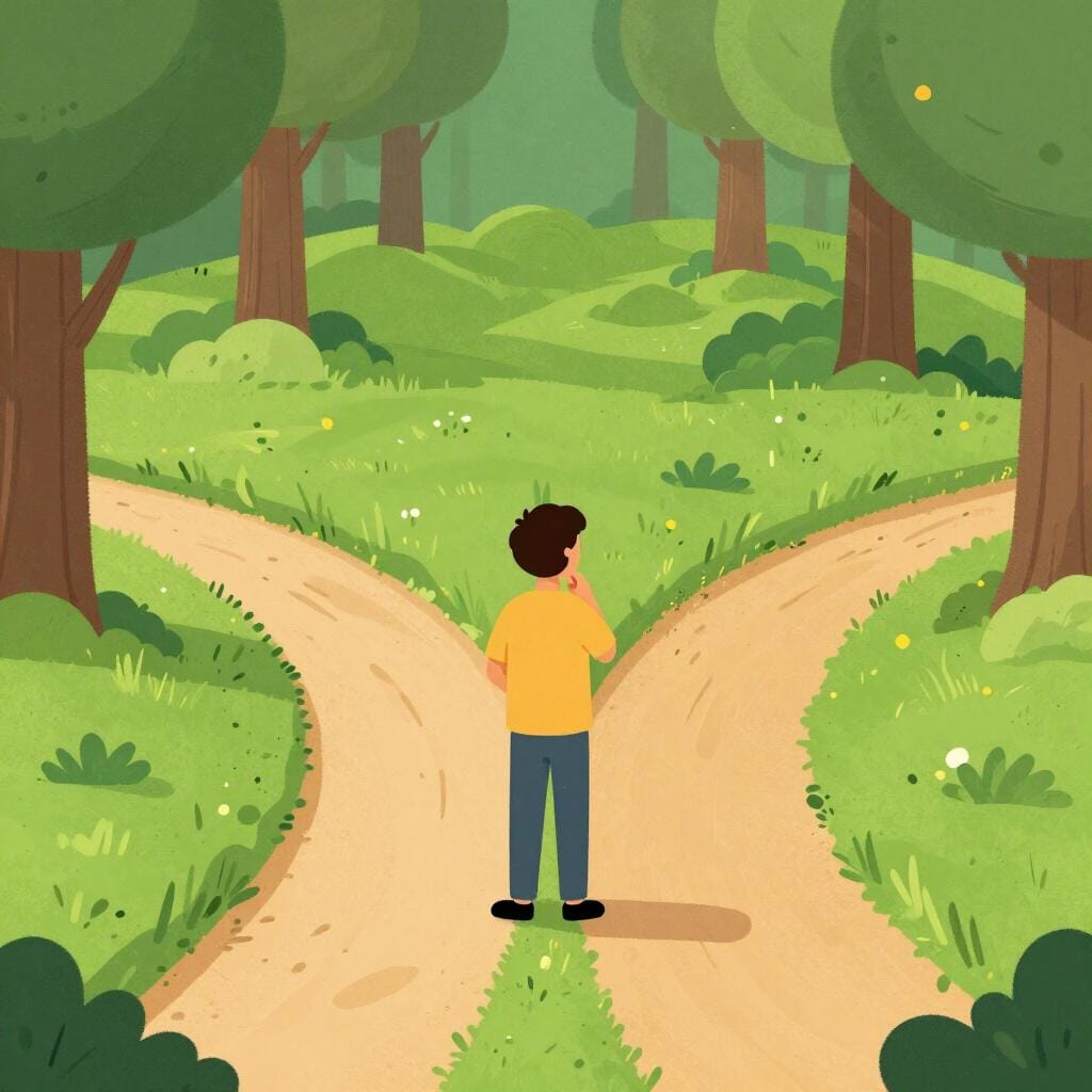 A hiker standing at a fork in a forest path, looking unsure and looking between two different trails.