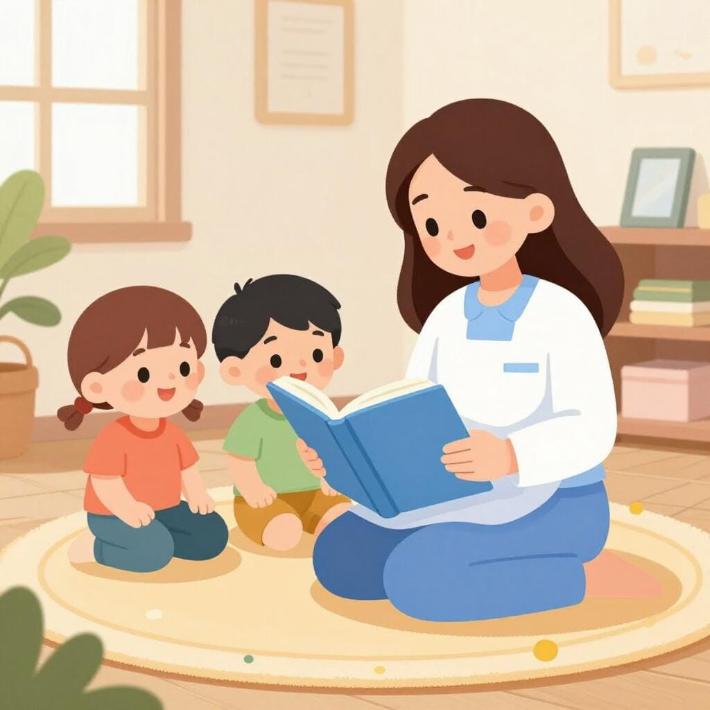 Eine freundliche Person sitzt auf einem Teppich und liest zwei glücklichen Kindern ein buntes Buch vor.