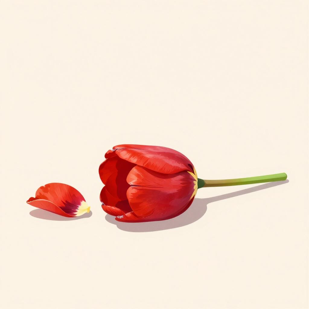 A single, wilted flower with a few fallen petals on a plain surface.