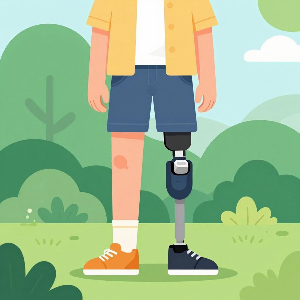Uma pessoa com perna protética em pé com confiança em um jardim.
