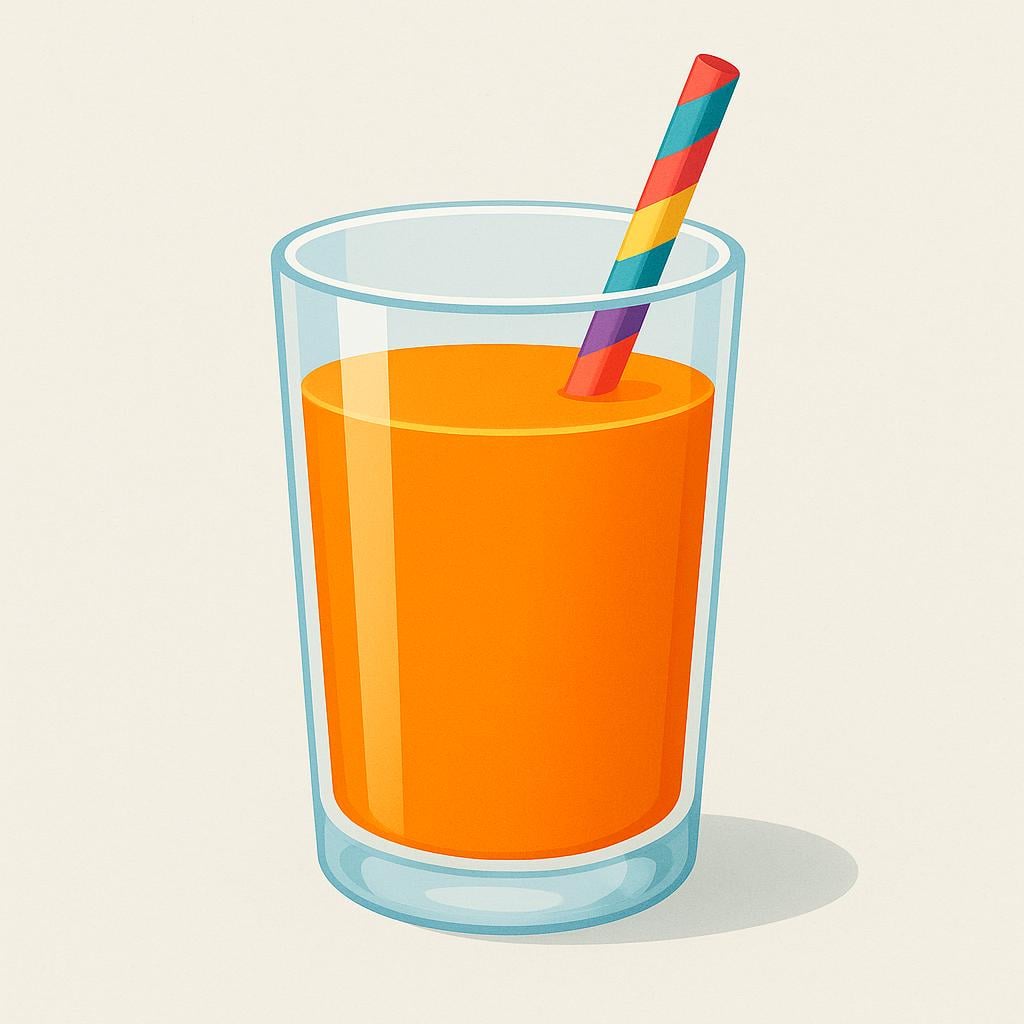 A tall, clear glass filled with bright orange juice, featuring a colorful drinking straw.
