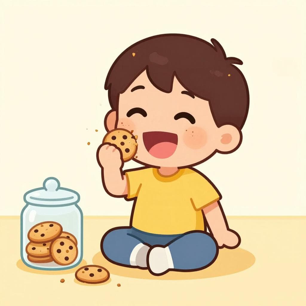 Uma criança com migalhas de biscoito no rosto sorrindo descaradamente ao lado de um pote de biscoitos derramado.