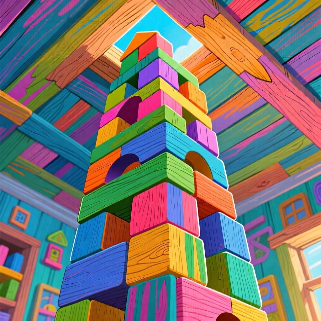 Una pila di blocchi da costruzione di legno dai colori vivaci che arriva quasi al soffitto, con un piccolo spazio rimasto tra il blocco superiore e il soffitto.