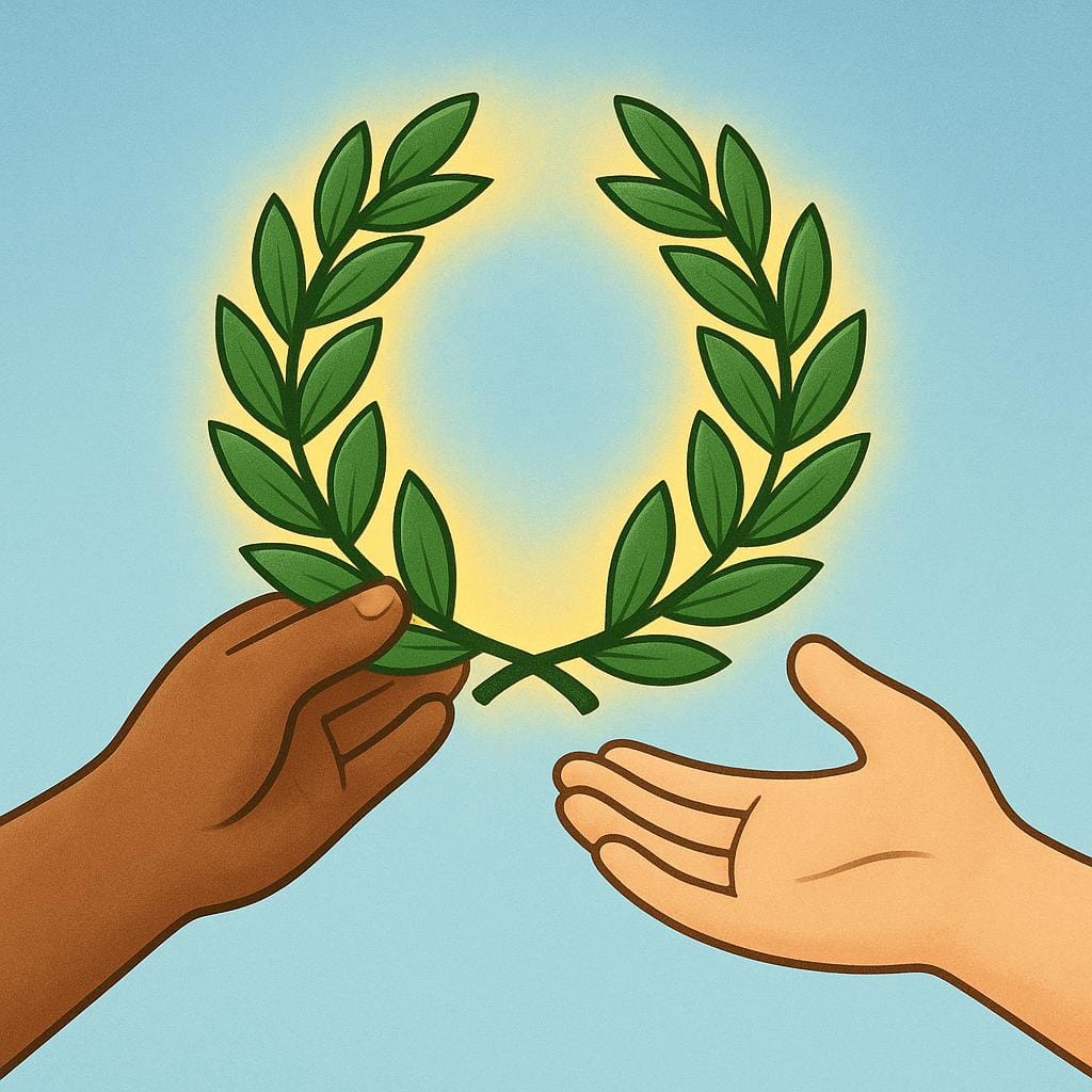 Een eenvoudige illustratie die laat zien hoe één hand een gloeiende gouden lauwerkrans aanbiedt aan een tweede, wachtende uitgestrekte hand, wat het ontvangen van een verdiende beloning symboliseert.