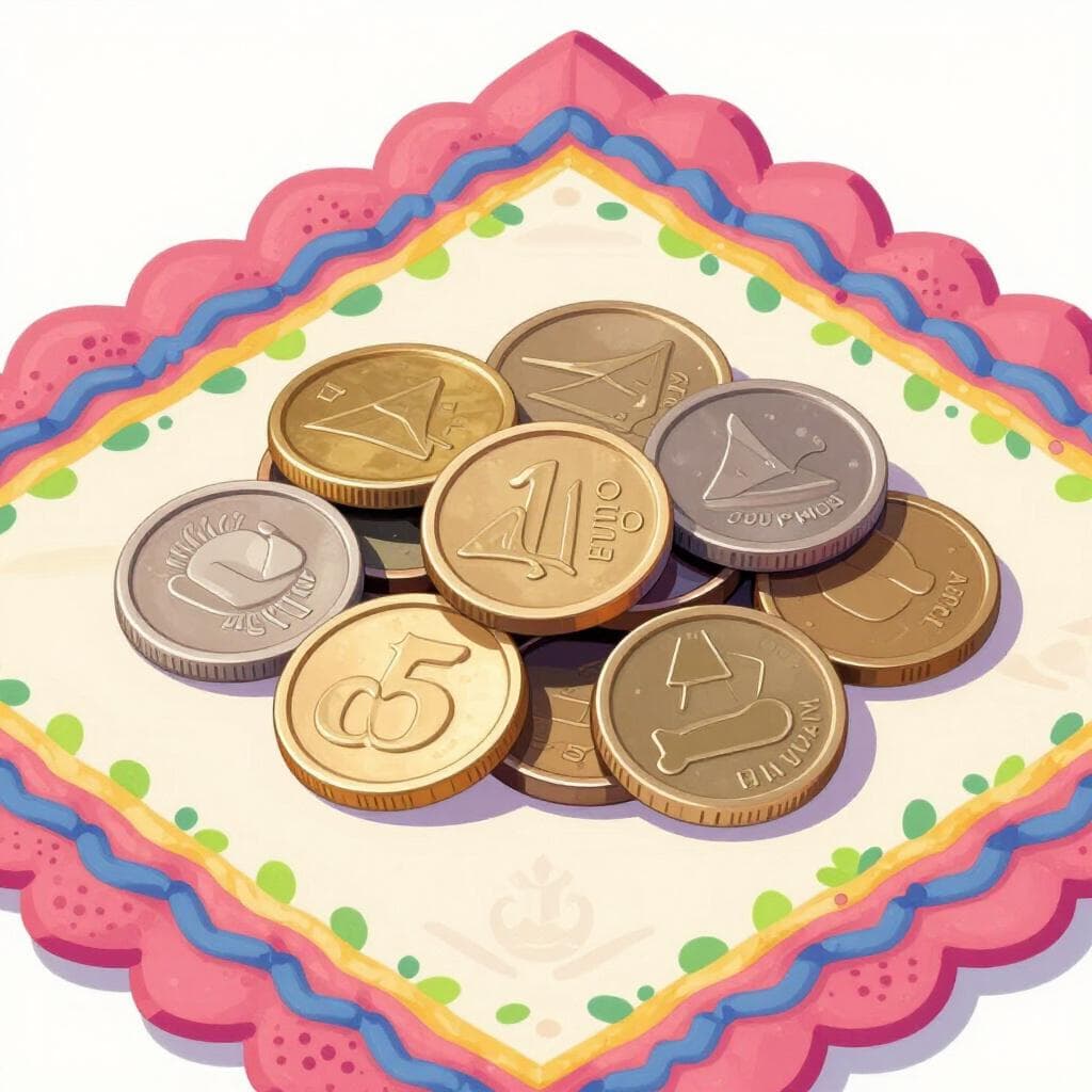 Une petite pile de pièces brillantes en argent et en or reposant sur un tissu de soie vibrant et à motifs.