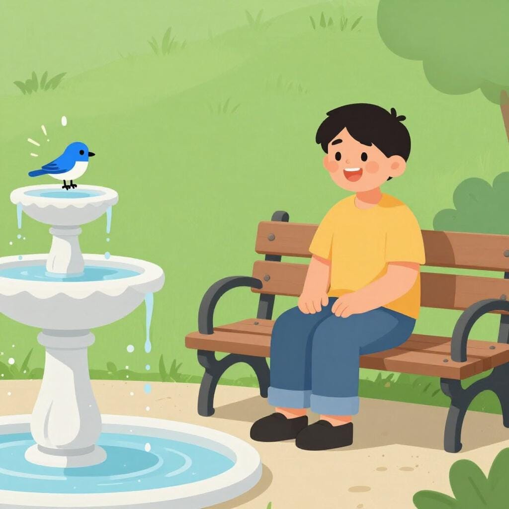 Eine Person sitzt mit glücklichem Ausdruck auf einer Parkbank und beobachtet Vögel an einem Brunnen.