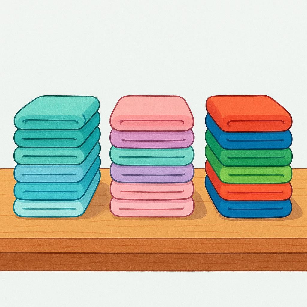 Three distinct, neat stacks of colorful, freshly folded towels resting on a rustic wooden table.