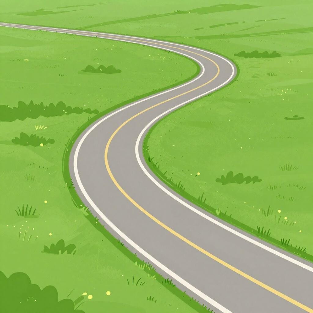 Une route sinueuse qui tourne brusquement à travers une colline herbeuse verdoyante.