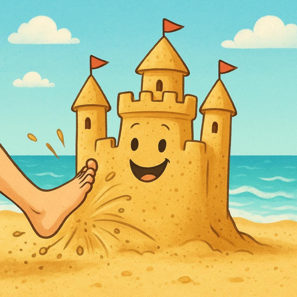 A brightly colored storybook illustration of a person's foot intentionally kicking over and destroying a detailed sandcastle on a sunny beach.
