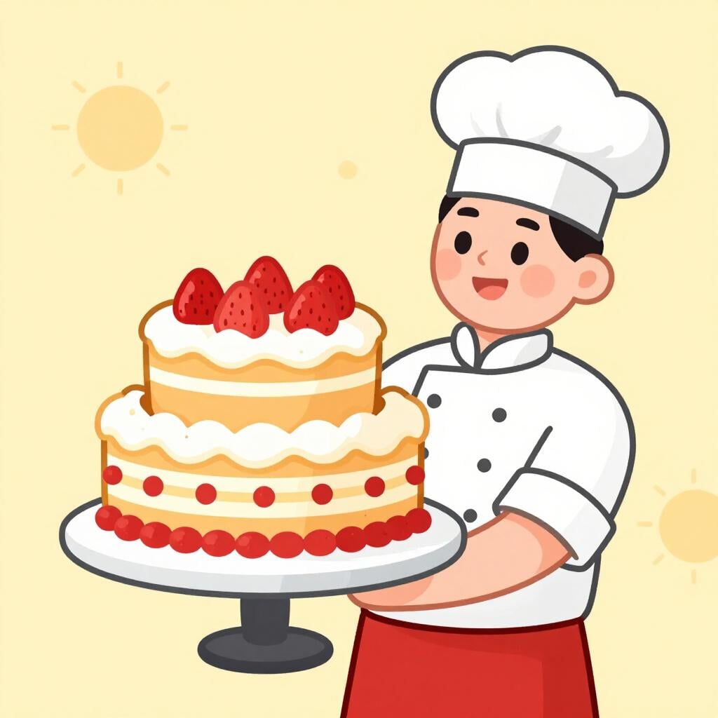 A chef presenting a perfectly decorated, multi-layered cake with a look of accomplishment.