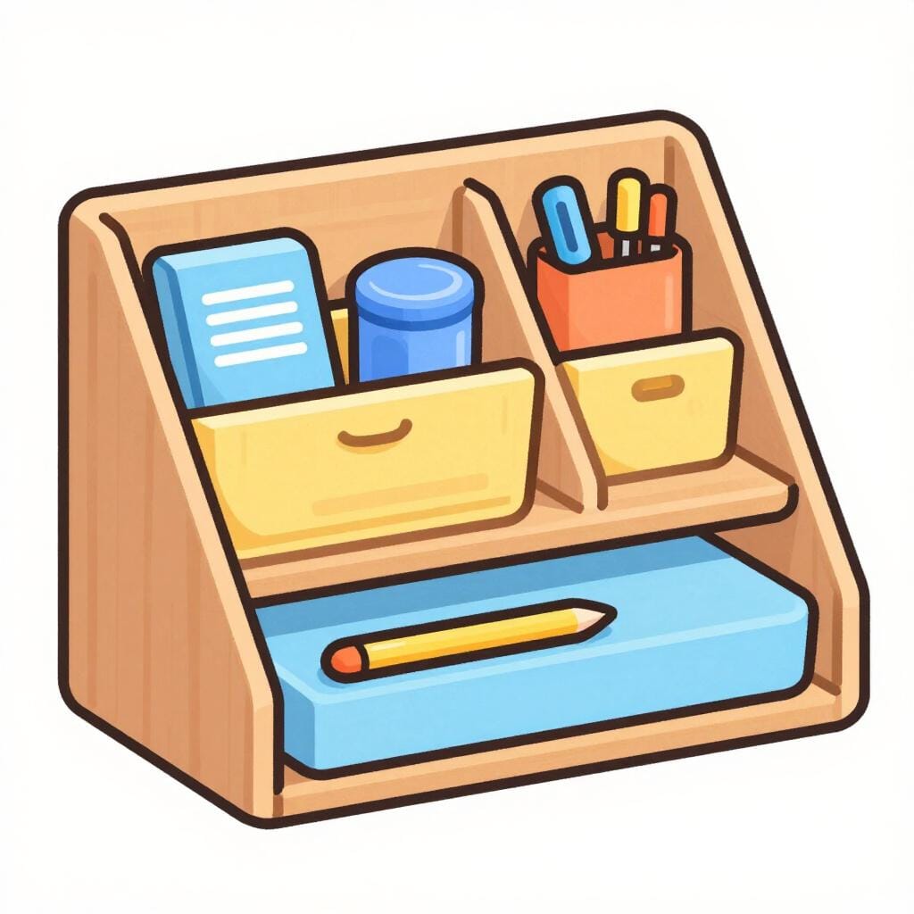 A wooden desk tray with separate compartments holding pens, paperclips, and sticky notes neatly.