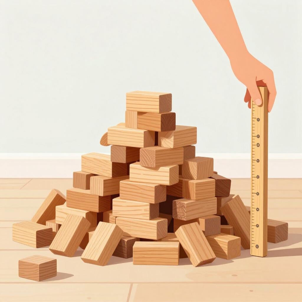 Uma mão segurando um pedaço de madeira para medir uma grande pilha de blocos de construção coloridos.