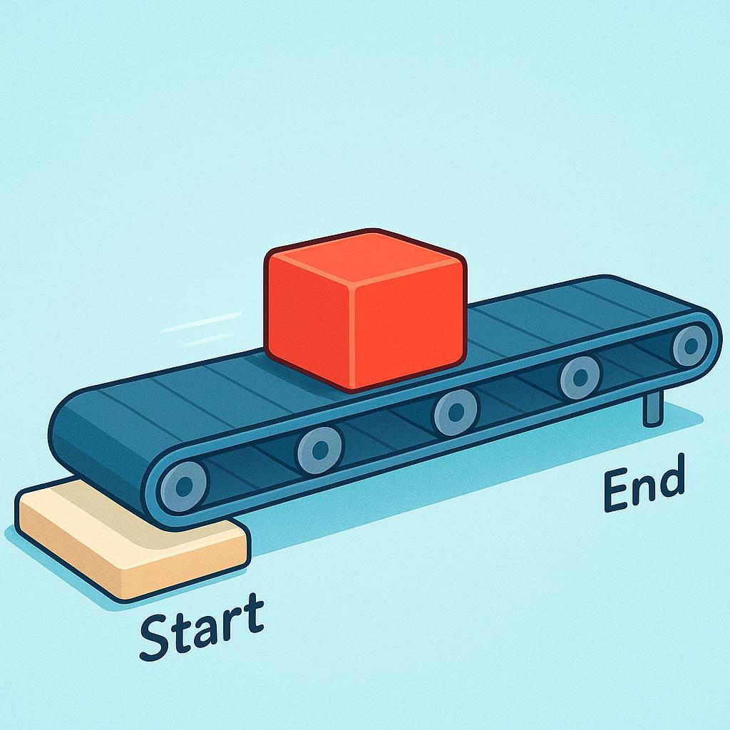 An illustration showing a simple, functioning assembly line where a box is smoothly moving along a conveyor belt, representing an operation.
