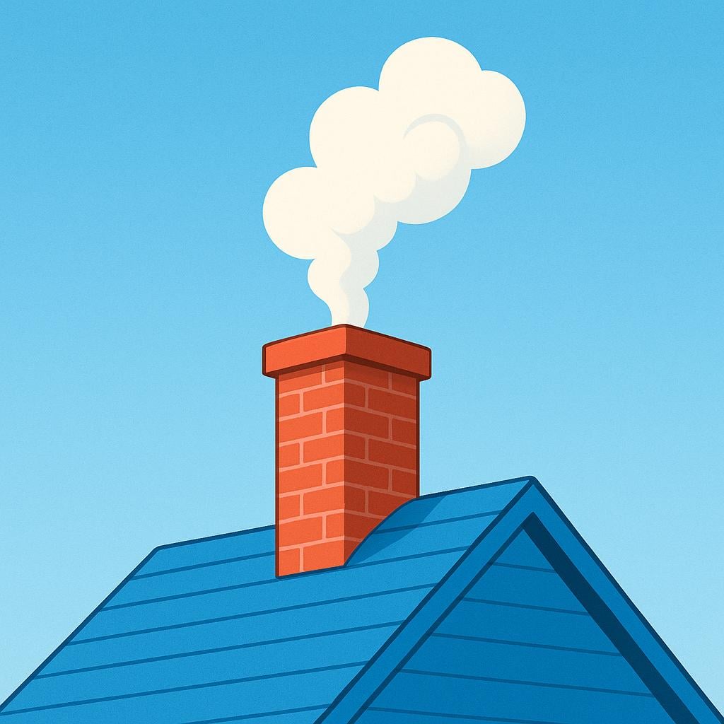 A vertical, red brick chimney rising from the roof of a house, emitting a plume of white smoke into the air.