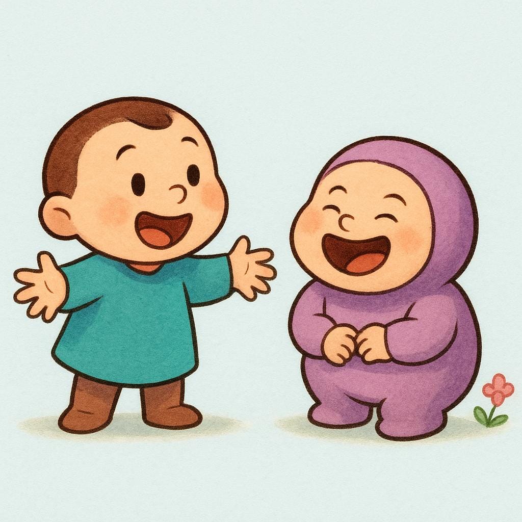A simple storybook illustration showing two friendly characters. One is animatedly telling a story using wide hand gestures, while the other character is bent over, laughing heartily.