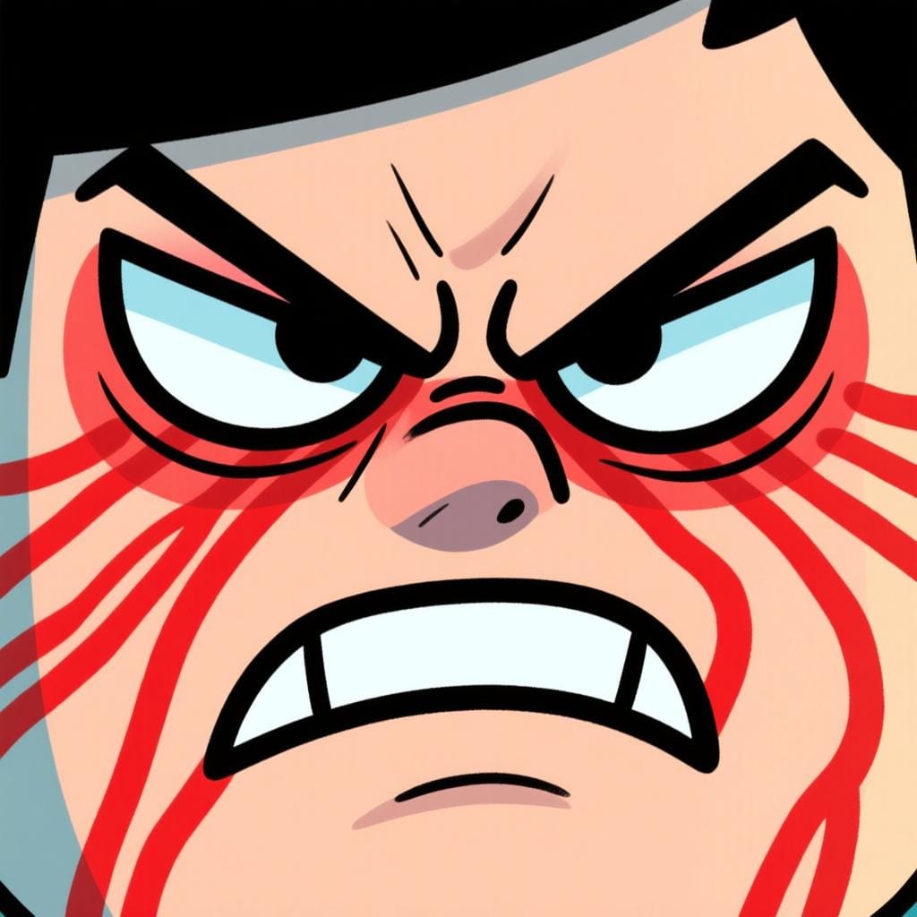 A close-up depiction of a face with an exaggerated, angry expression, showing intensely narrowed eyes and a glare, symbolizing a 'murderous look' or deadly intent.