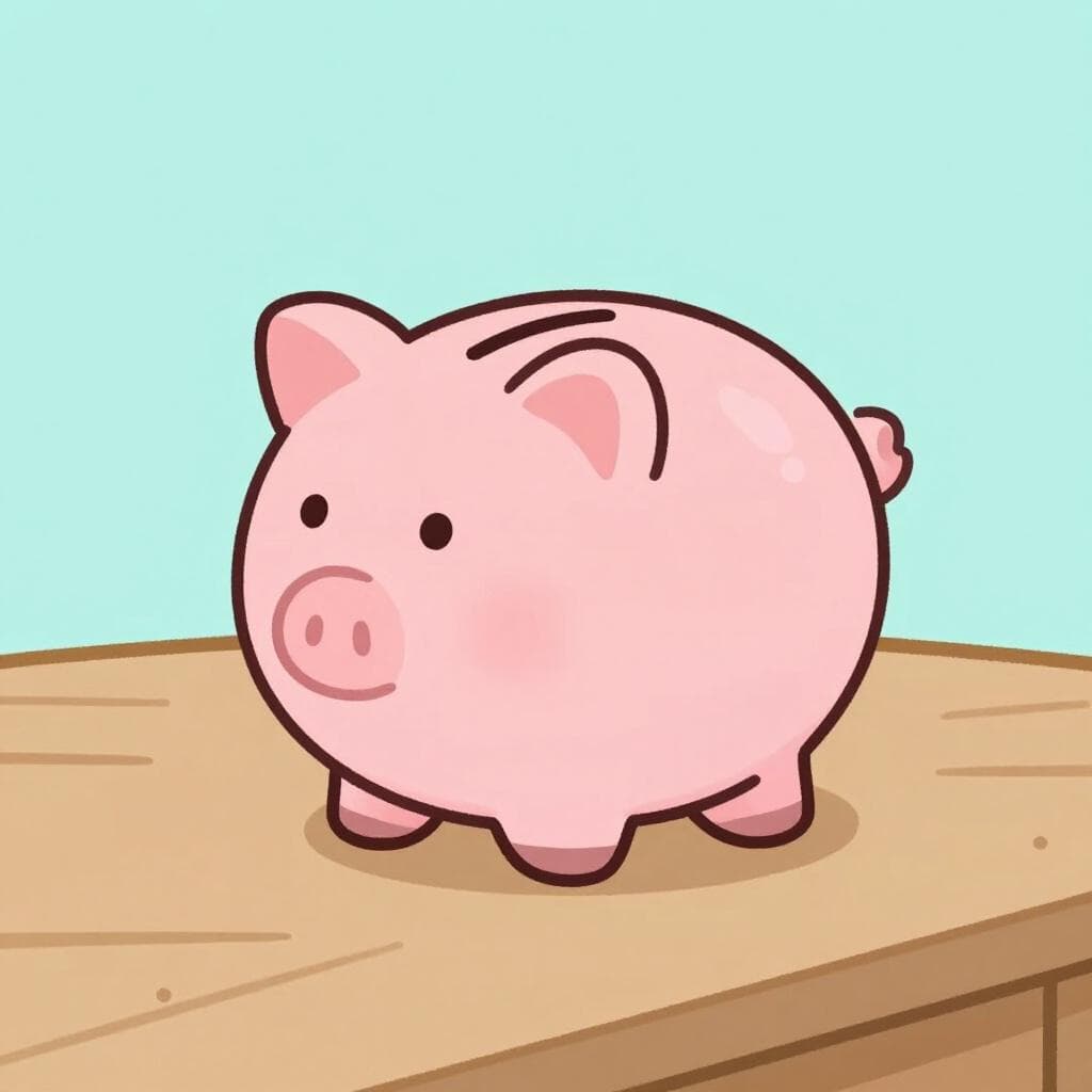 Un tirelire rose vide à l'air triste, posé sur une table en bois simple.