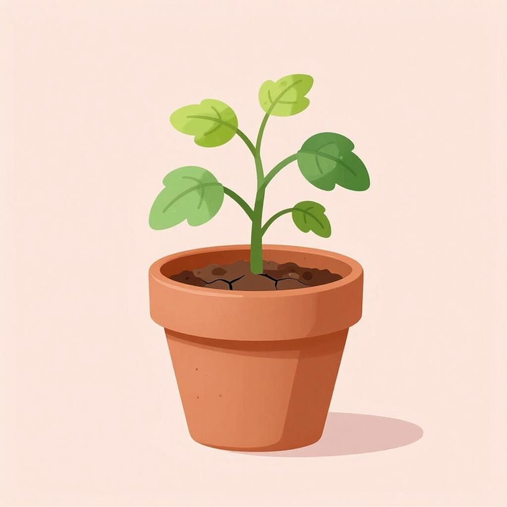 A small, wilting plant in a pot with dry, cracked soil, needing more water.