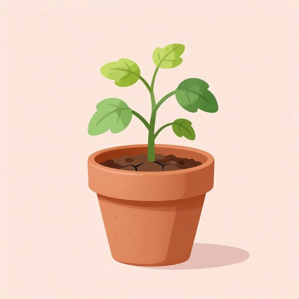 Una piantina appassita in un vaso con terra secca e screpolata, che necessita di più acqua.