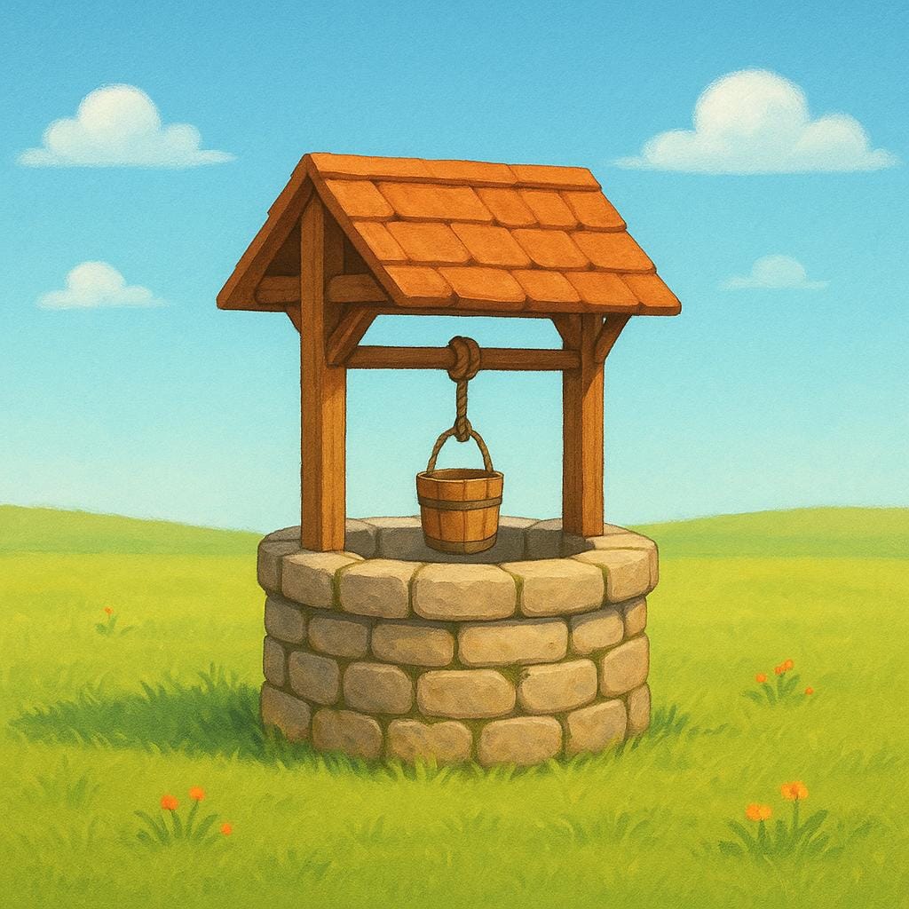 A simple, colorful illustration showing an ancient stone well standing alone in a flat field, symbolizing a specific birthplace or point of origin.