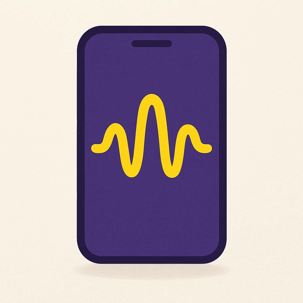 A simplified, dark purple silhouette of a smartphone. Inside the phone's shape, a bright yellow, abstract sound wave is contained, symbolizing a recorded message waiting.
