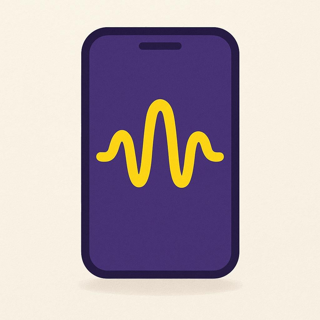 A simplified, dark purple silhouette of a smartphone. Inside the phone's shape, a bright yellow, abstract sound wave is contained, symbolizing a recorded message waiting.