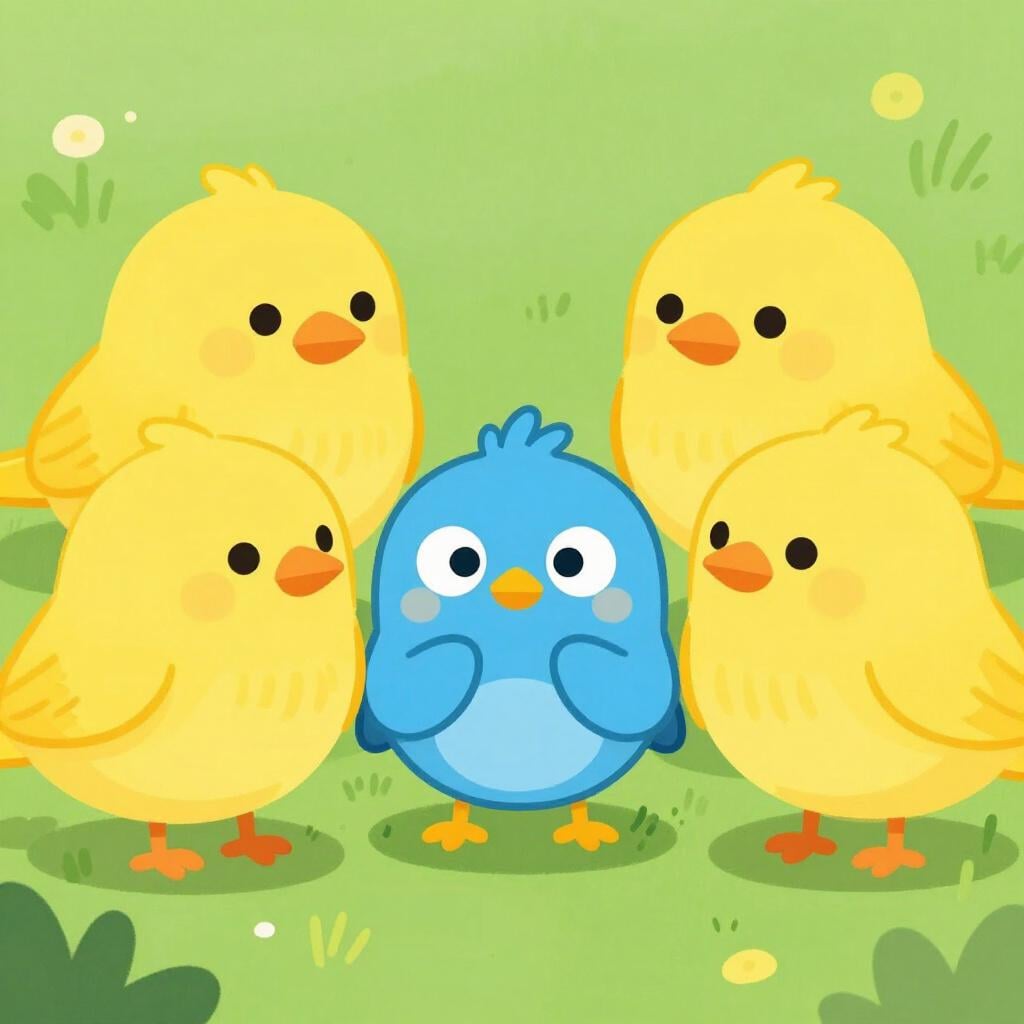 Un piccolo uccello inseguito insistentemente e circondato da diversi uccelli più grandi e rumorosi in un giardino luminoso.