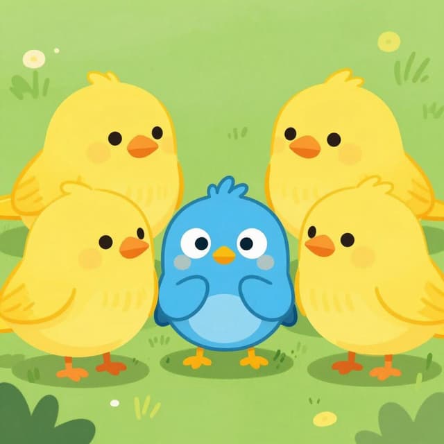 A small bird being persistently followed and surrounded by several noisy, larger birds in a bright garden.
