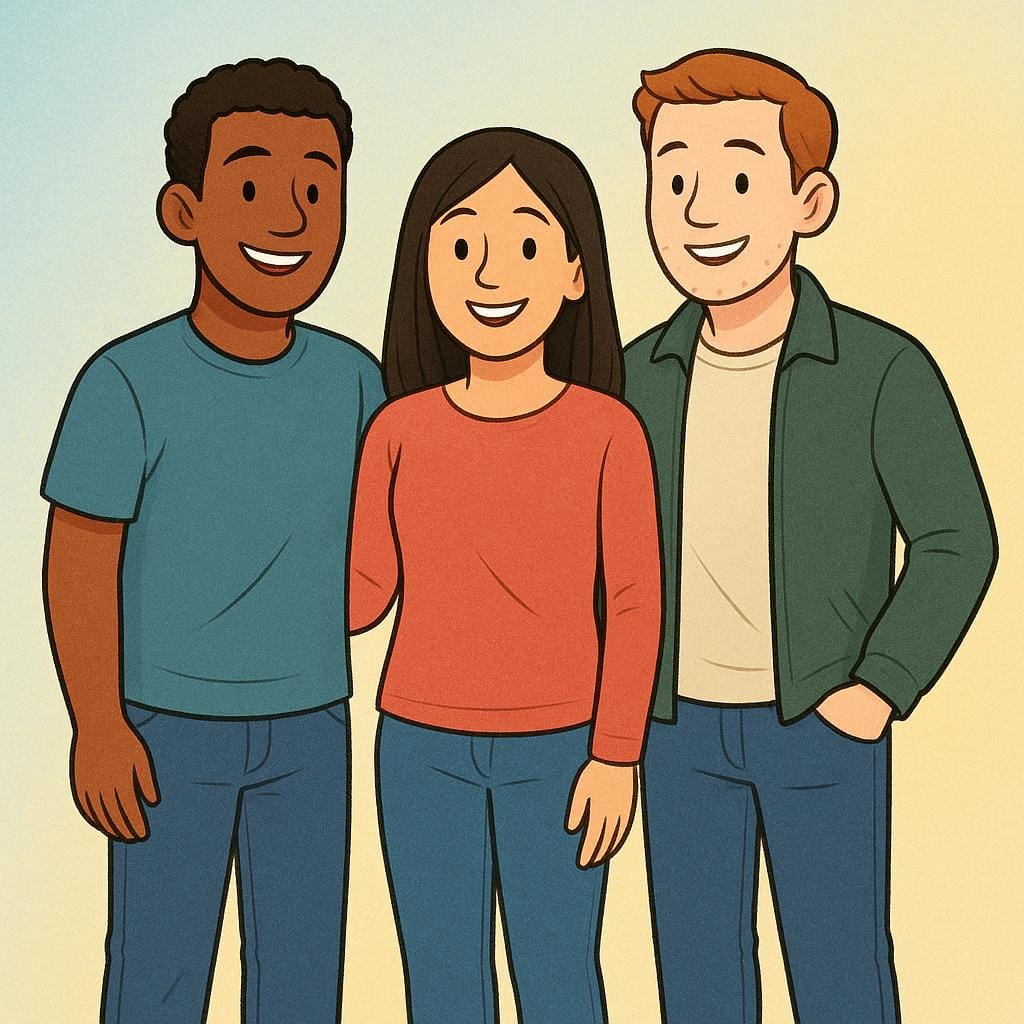 Trois personnes souriantes, deux hommes et une femme, debout de manière décontractée ensemble, représentant un groupe mixte d'Américains.