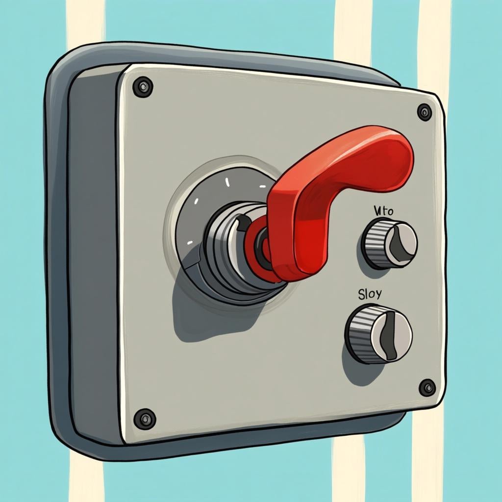 A stylized machine control panel featuring a large red lever, two rotary dials, and several toggle switches.