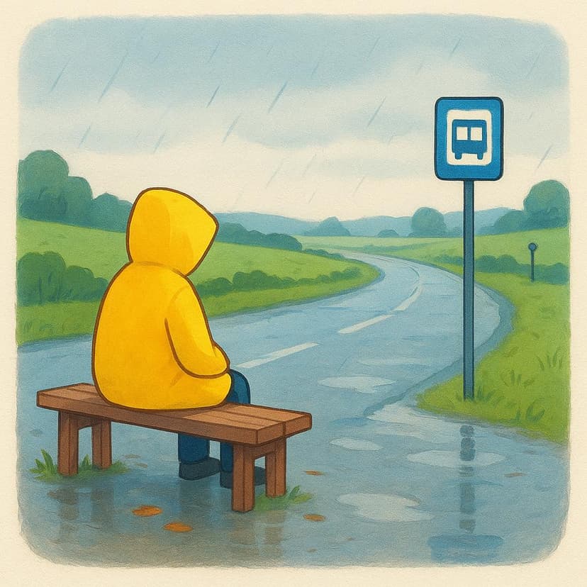 A solitary figure wearing a yellow raincoat sitting patiently on a wooden bench at a bus stop, looking down an empty road, representing the act of waiting.