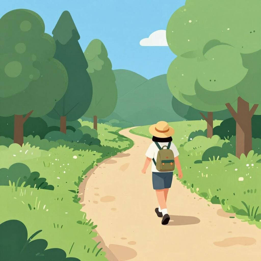 A person wearing a hat and backpack walking on a winding path through a lush green park.