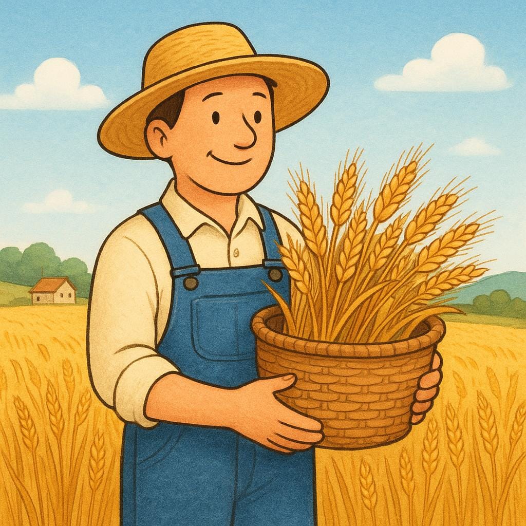 A smiling farmer stands in a sunny field, holding a full basket of golden wheat, symbolizing the act of harvesting.